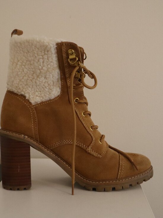 Nine West Shoes - NINE WEST Boots 8 M Phaedra Lace-Up Suede Block High Heel Combat Natural Brown